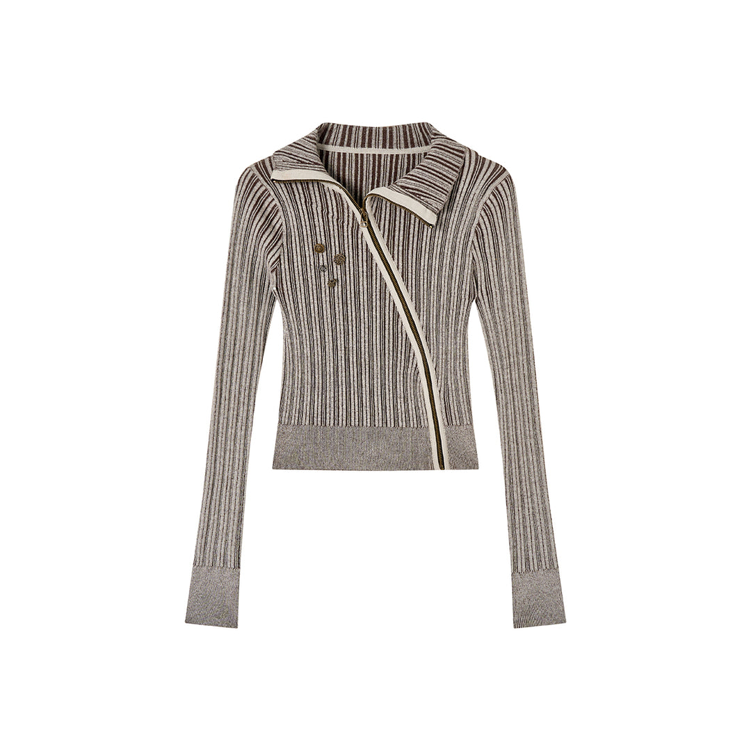 Via Pitti Button Oblique Zipper Knit Top Grey - Mores Studio