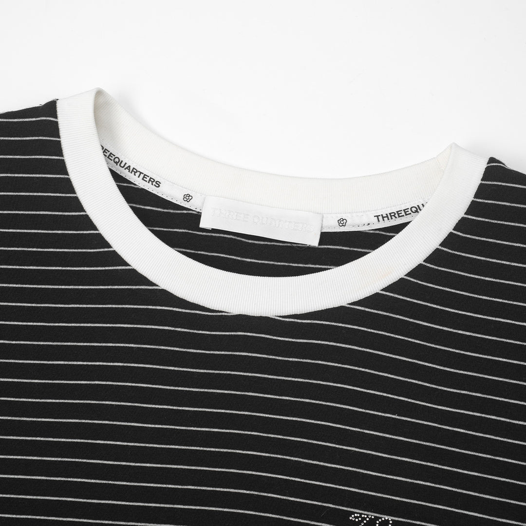 Three Quarters Hotfix Logo Striped Mousse Cashmere L/S Tee Black