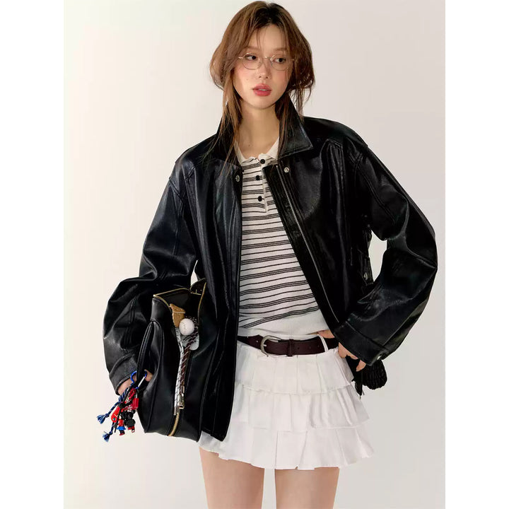 AsGony Retro Lapel Casual Leather Jacket Black