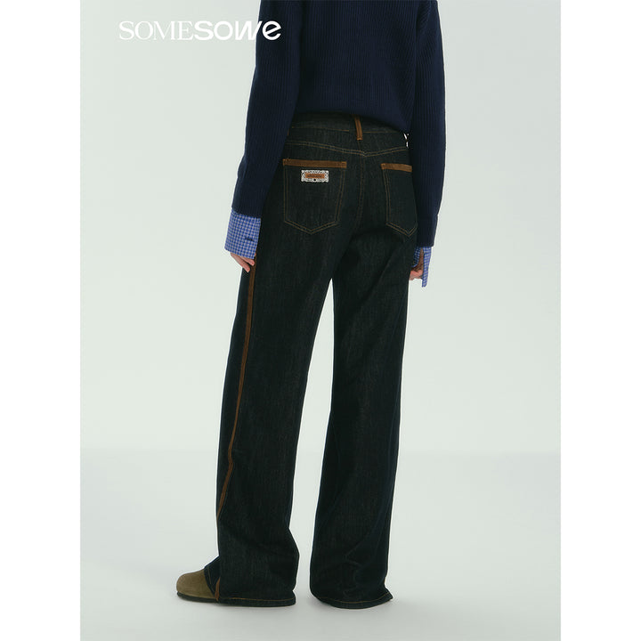 SomeSowe Suede Patchwork Wide-Leg Jeans Dark Blue