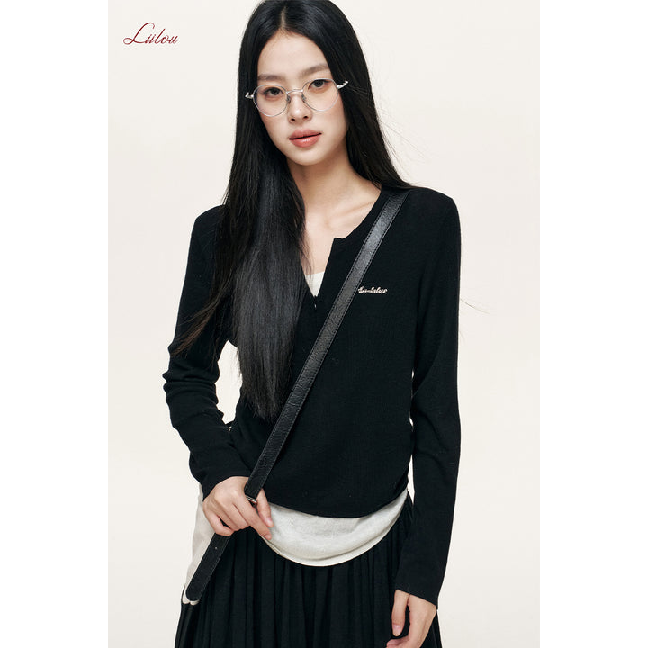 Liilou Fake-2-Piece V-Neck Woolen Knit Top Black