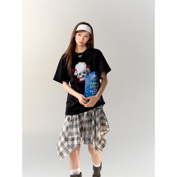 AsGony Puppy Printed Straight Shoulder T-Shirt Black