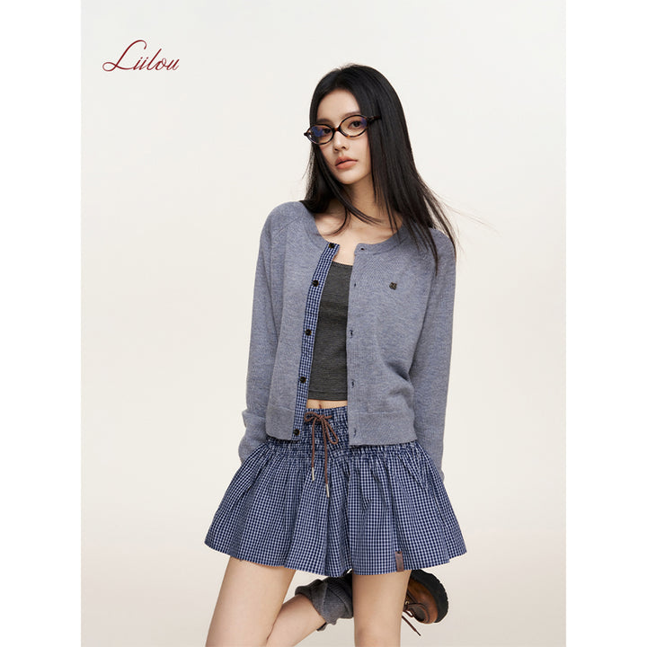 Liilou A-Line Plaid Elastic-Waist Skirt Navy Blue