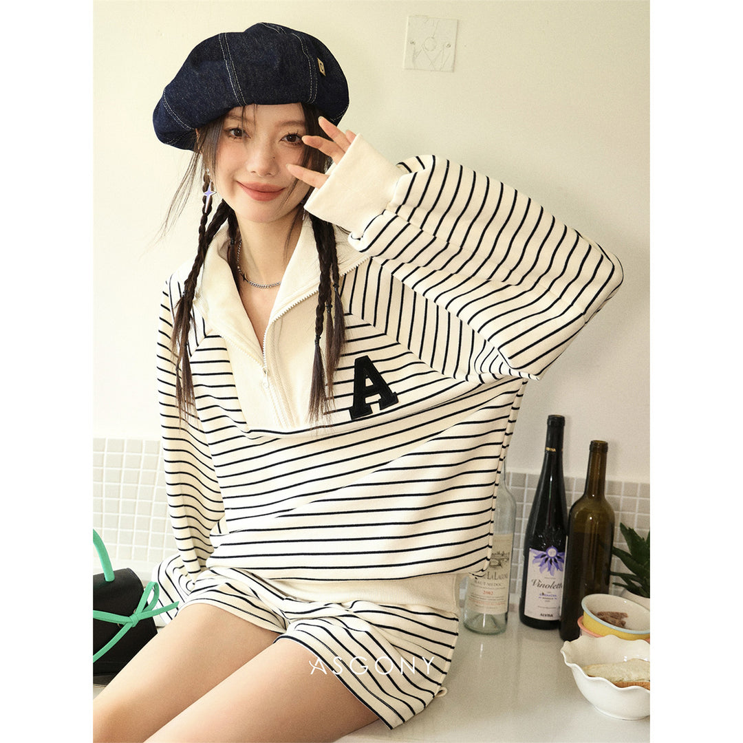 AsGony Logo Embroidery Striped V-Neck Sweater - Mores Studio