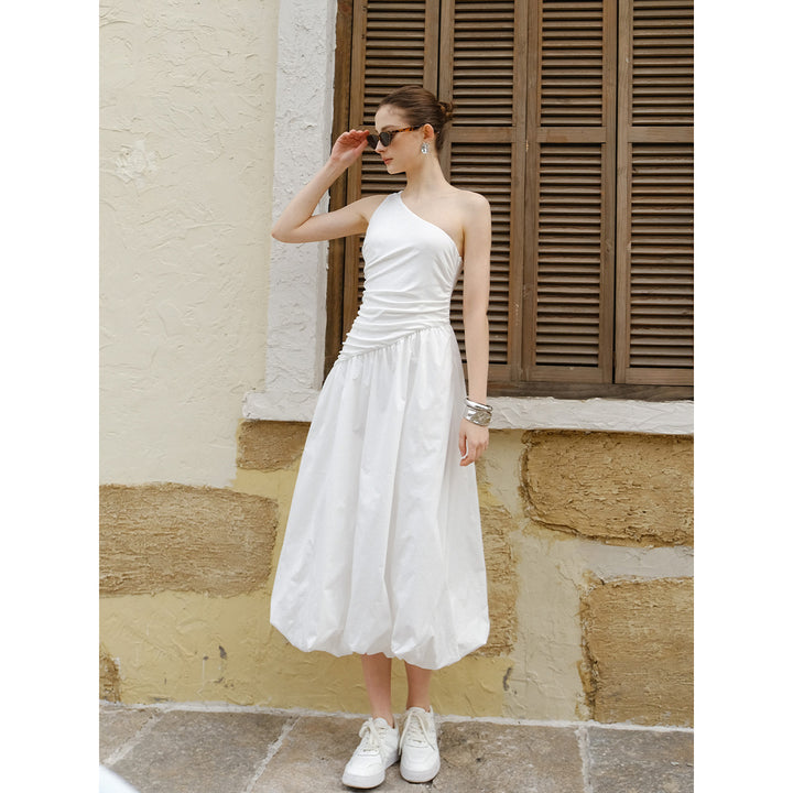 Marc Moore Diagonal Shoulder Long Pleated Dress White