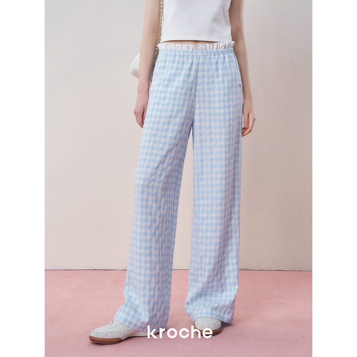 Kroche Color Blocked Lace Waist Plaid Pants