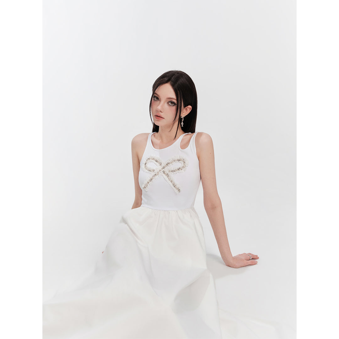 Eimismosol Bow Tie Hot-Drilled Patchwork Long Dress White