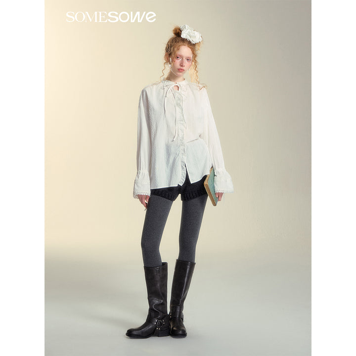 SomeSowe Lace Edge Jacquard Lace Up Top White