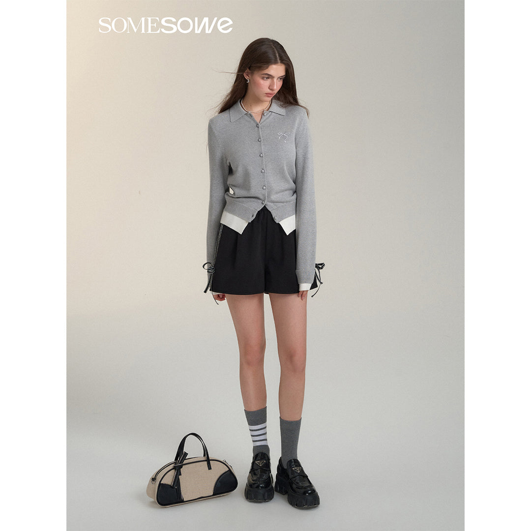 SomeSowe Contrast Color Bow Lace Up Shorts Black