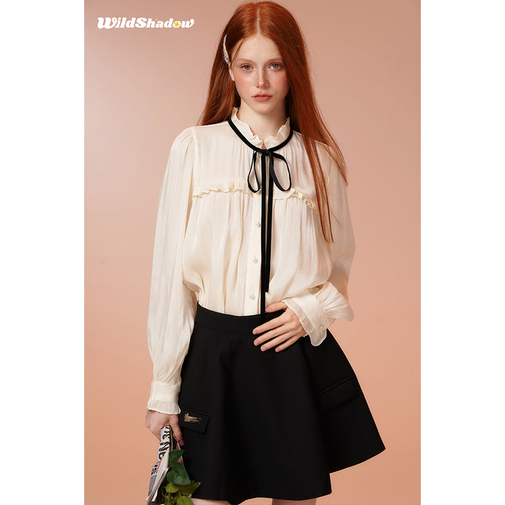Wildshadow Lace Collar Pearlised Wave Sleeve Shirt - Mores Studio