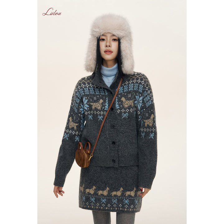 Liilou Fair Isle Jacquard Lapel Woolen Knit Cardigan