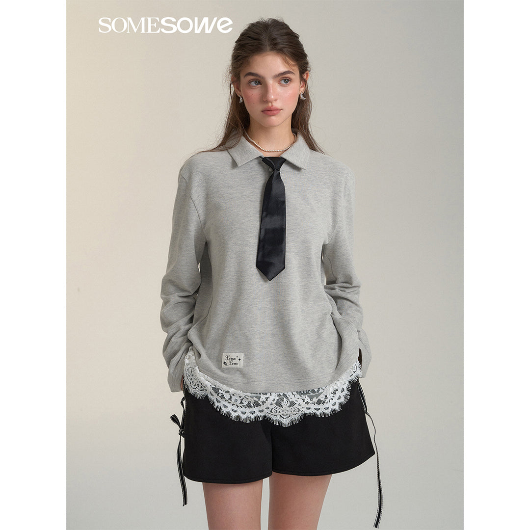 SomeSowe Lace Patchwork Polo Long Sleeve T-Shirt Gray