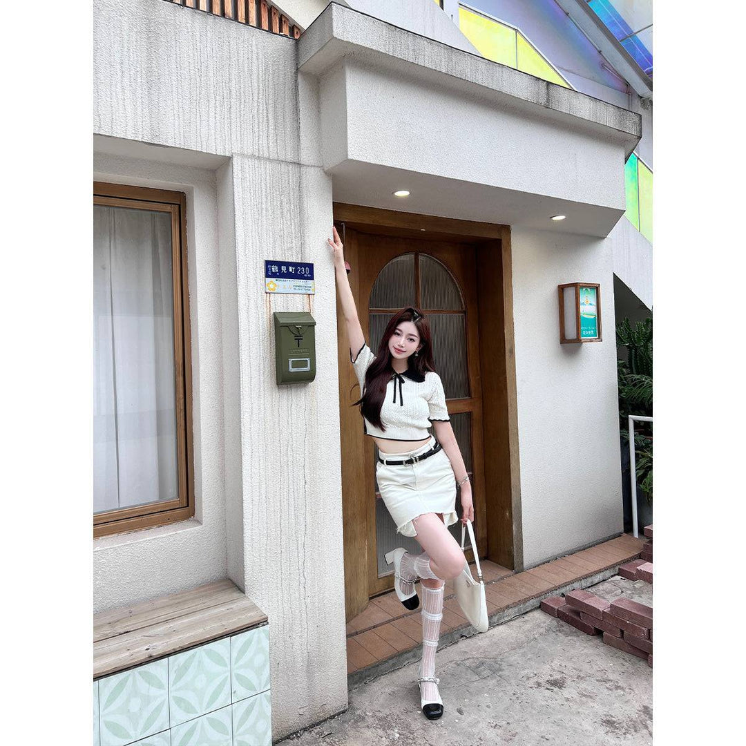 Three Quarters Contrast Collar Hollow Knit Top White - Mores Studio