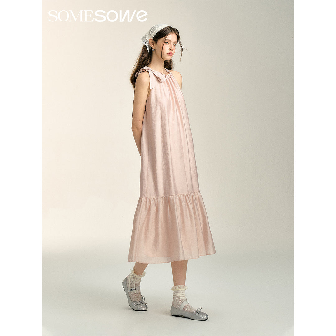 SomeSowe Bow Lace Up Halter Long Dress Pink