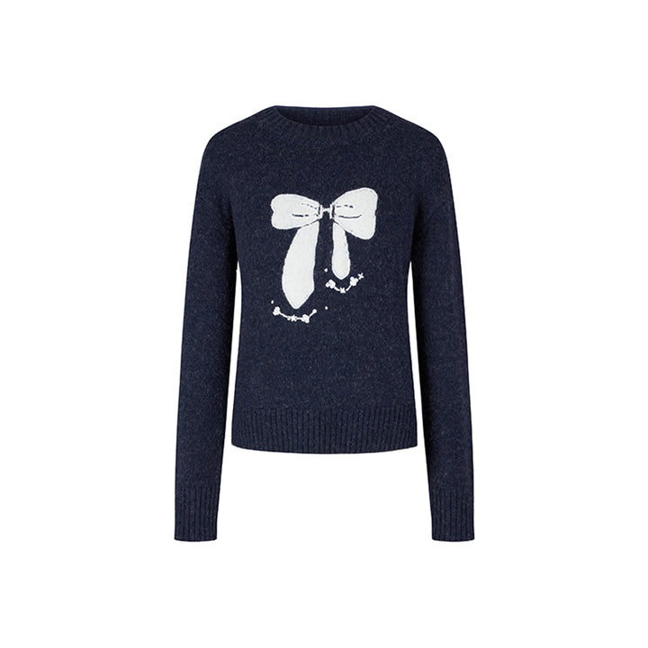 Herlian Contrast Color Bow Knitted Sweater Navy Blue