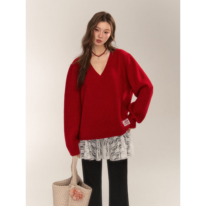 AsGony Retro V-Neck Casual Knit Sweater Red