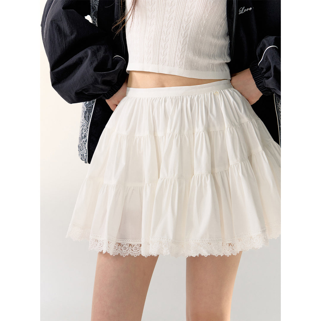 AsGony Lace Edge High Waist Puffy Skirt White