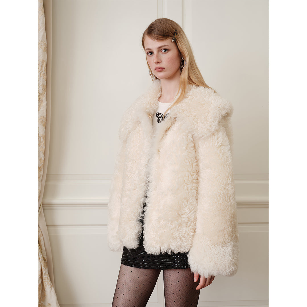 Rocha Roma Big Lapel Woolen Fur Jacket Beige