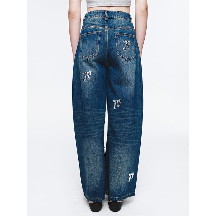 Herlian Bow Sequin Wide-Leg Denim Pants Blue