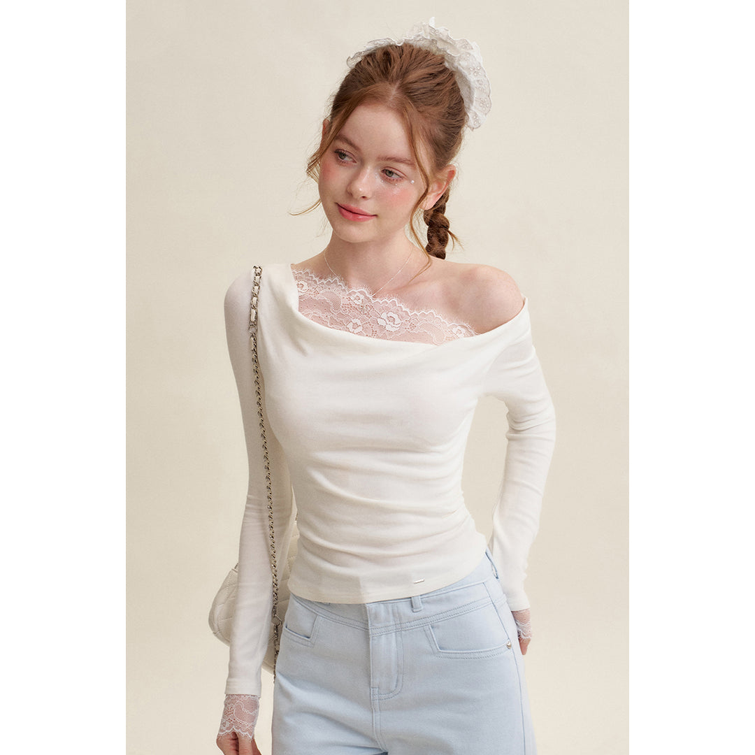 Kroche Lace Patchwork Wrinkle Diagonal Shoulder Top