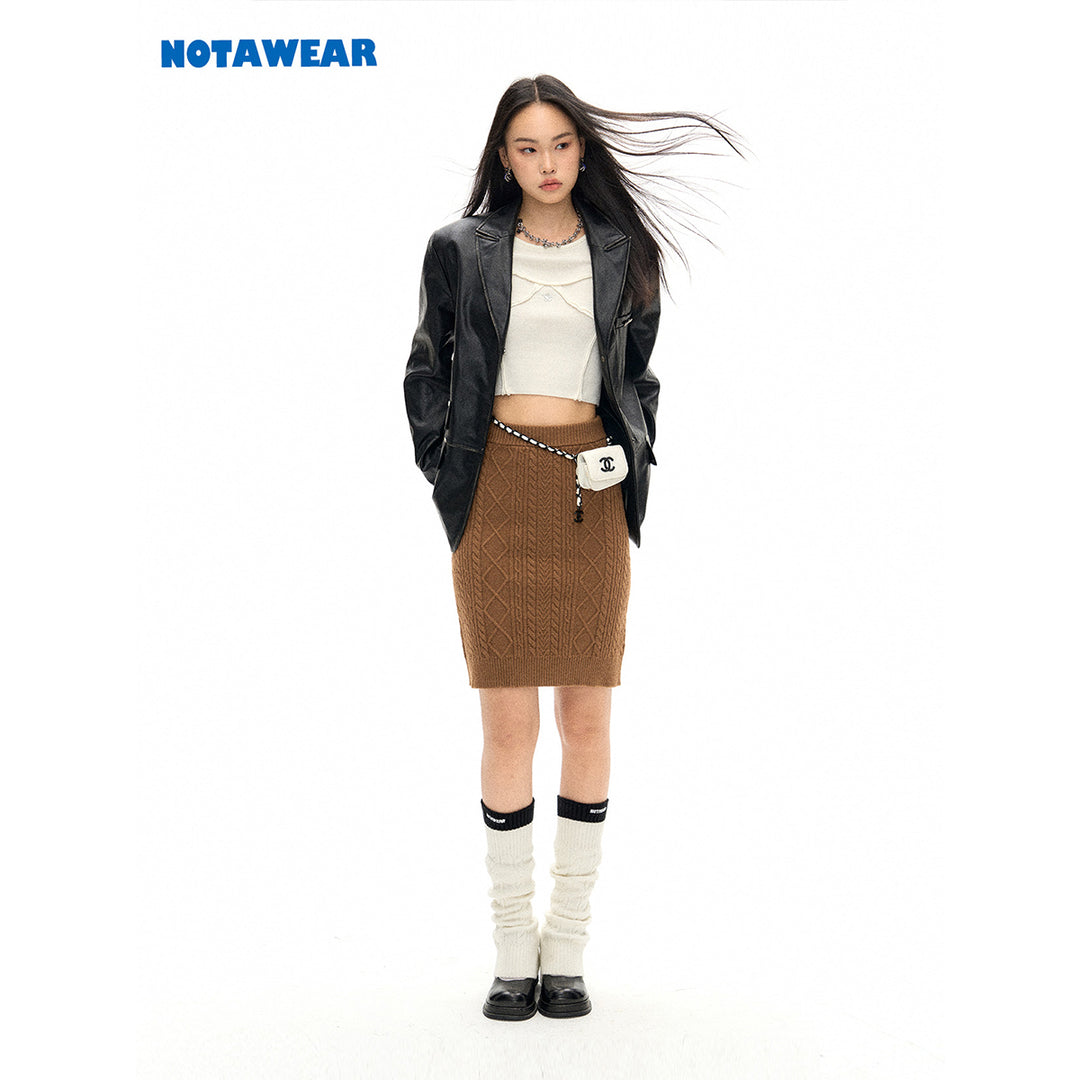 NotAwear Logo Embroidery Twisted Knit Skirt Brown - Mores Studio