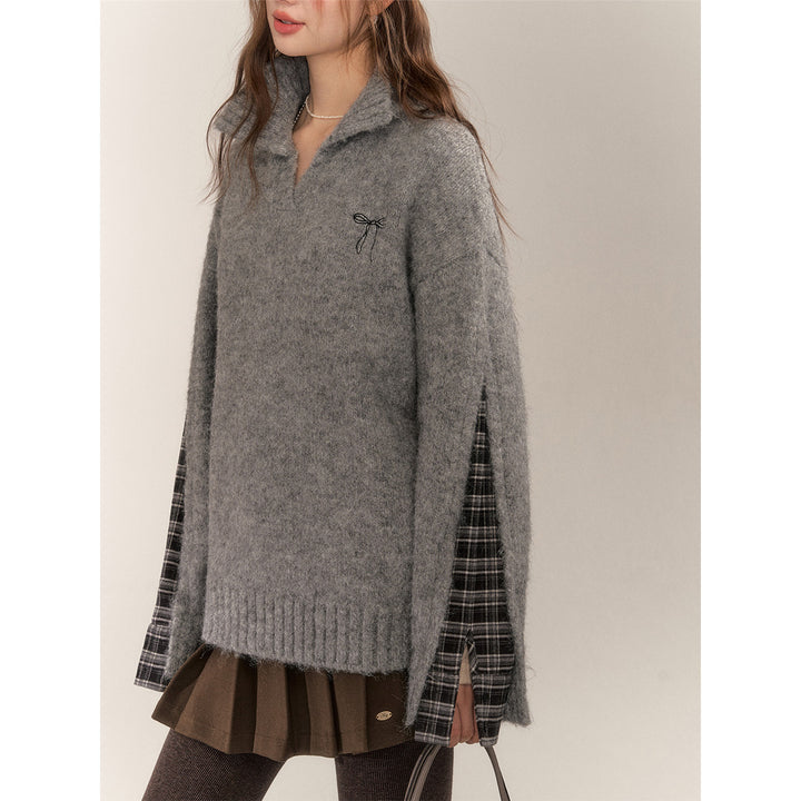 AsGony Plaid Patch Embroidery Knit Sweater Gray