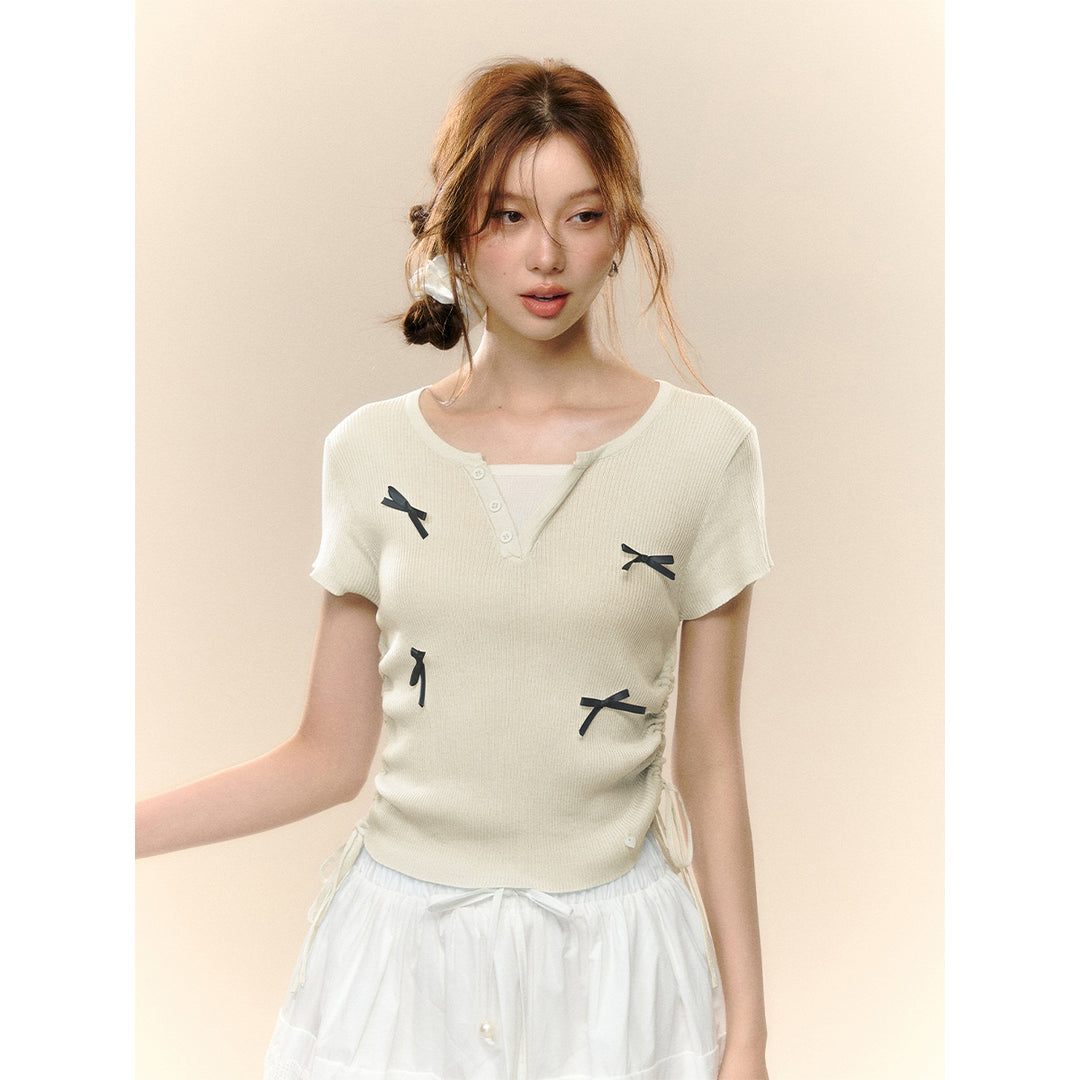 AsGony Fake-2-Piece Bow Tie Drawstring Knit Top Beige