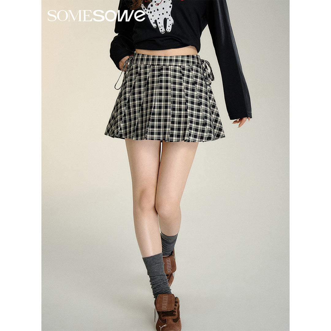 SomeSowe Bow Lace Up Plaid Pleated Skirt