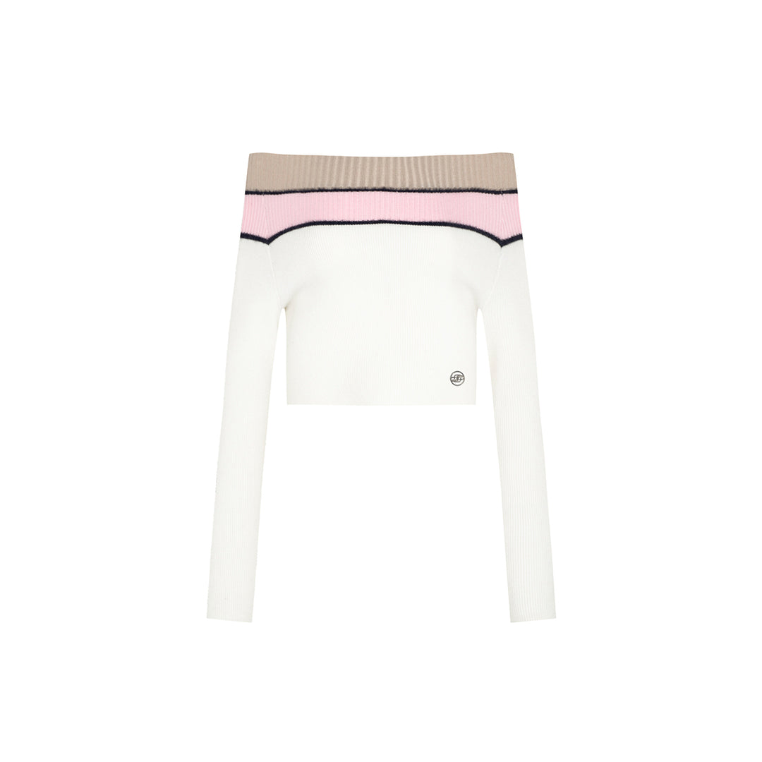 Three Quarters Contrast Off-Shoulder Knit Top Pink/White - Mores Studio