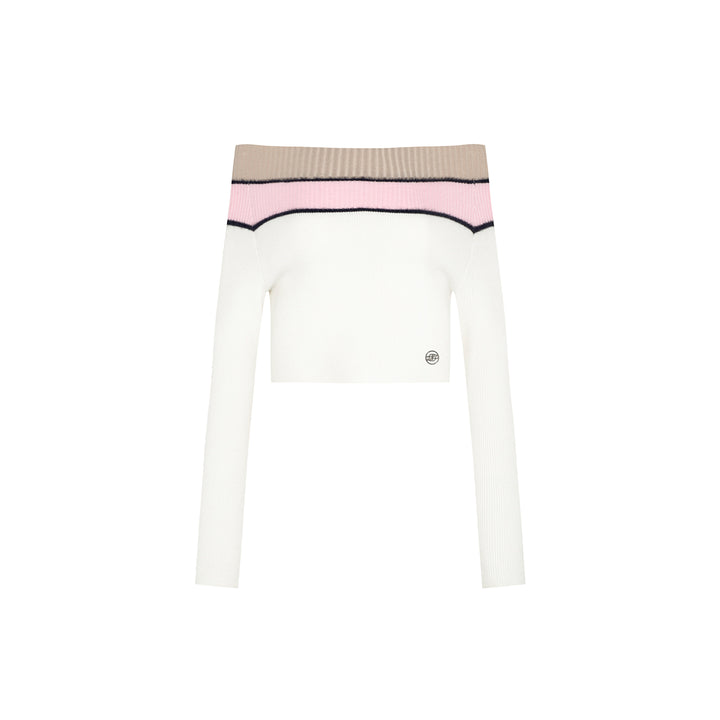 Three Quarters Contrast Off-Shoulder Knit Top Pink/White - Mores Studio