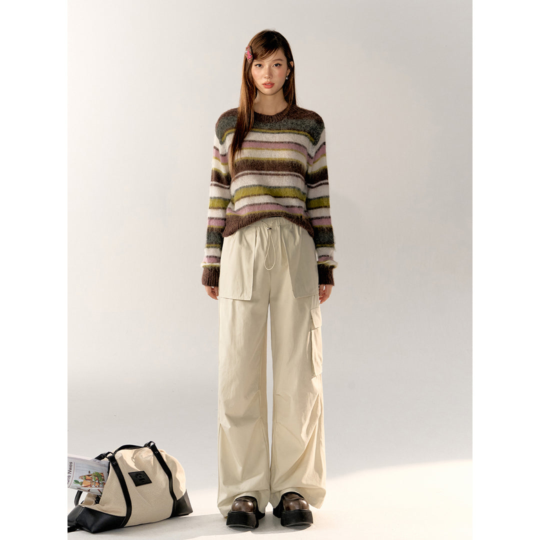 AsGony Contrast Color Striped Knit Sweater Brown