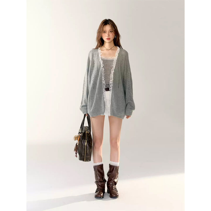 AsGony Lace Edge Hollow Cutting Knit Cardigan Gray