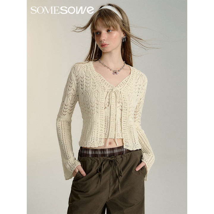 SomeSowe Hollow Out Crochet Knit Cardigan And Slip Vest Set