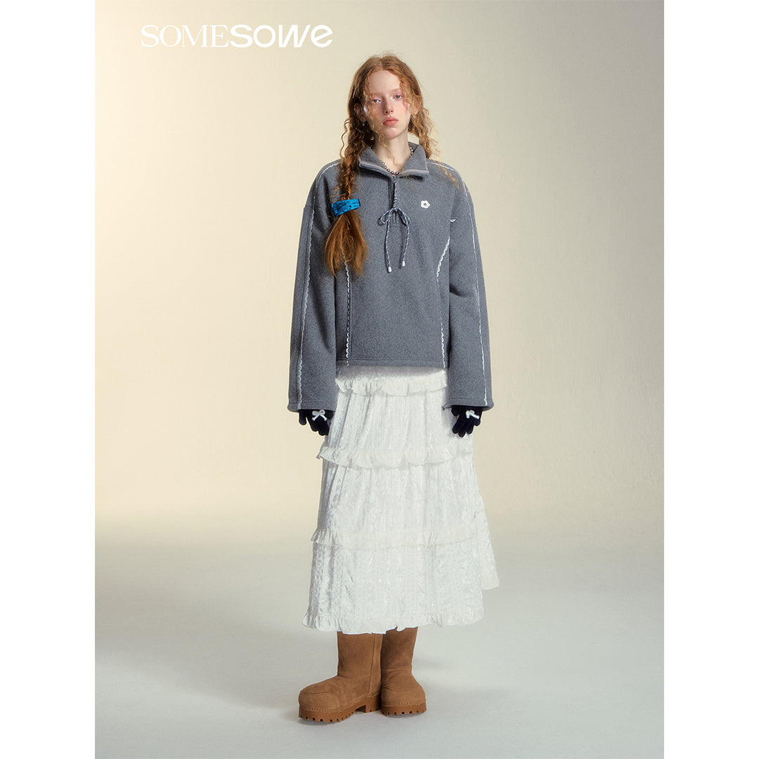 SomeSowe Lace Patchwork Fleece Sweatshirt Gray