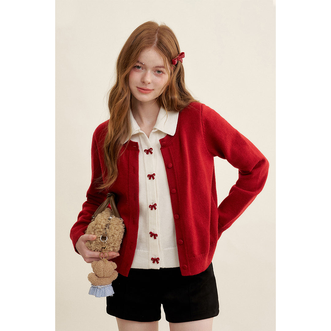 Kroche Color Blocked Fake-3-Piece Bow Woolen Cardigan Red