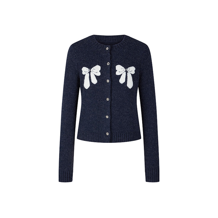 Herlian Contrast Color Bow Knitted Cardigan Navy Blue