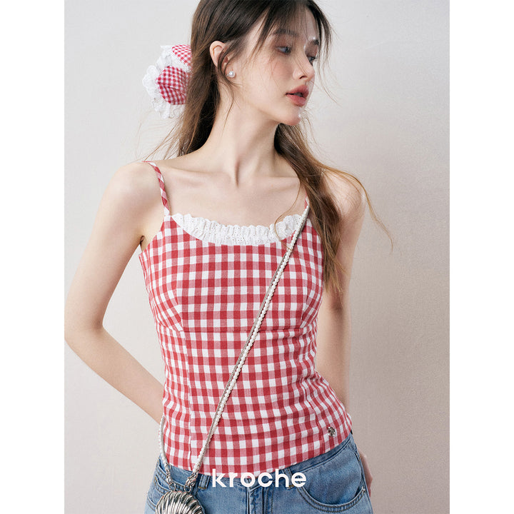 Kroche Plaid Lace Edge Patchwork Vest Red