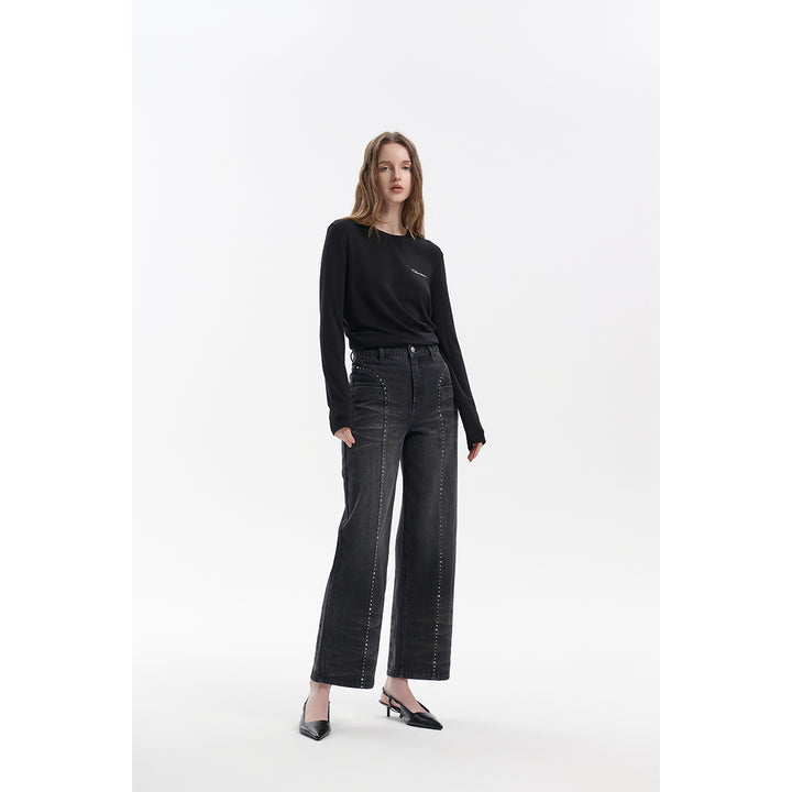 Three Quarters Hotfix Logo Tencel Wool Top Black