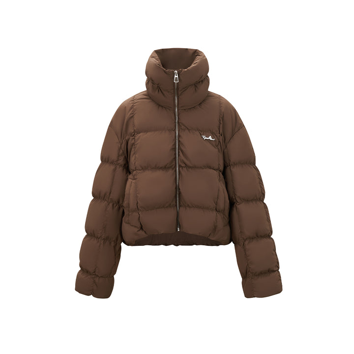 Three Quarters Checkered Lapel Short Down Jacket Brown