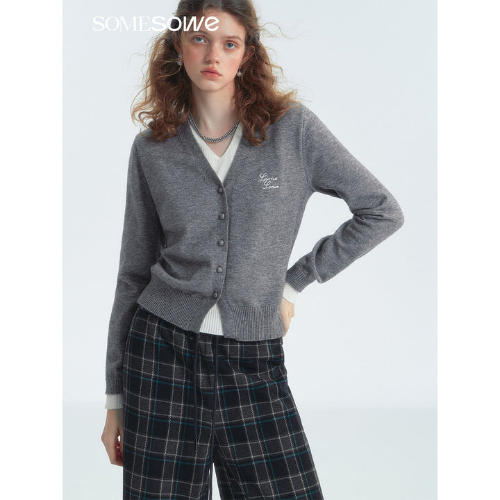 SomeSowe Fake-2-Piece V-Neck Knit Cardigan Gray