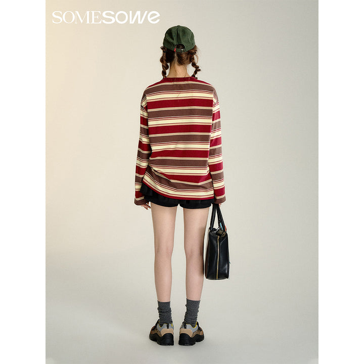 SomeSowe Retro Striped Long Sleeve T-Shirt Red