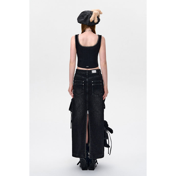 13De Marzo Bear Zipper Denim Cargo Long Skirt Black