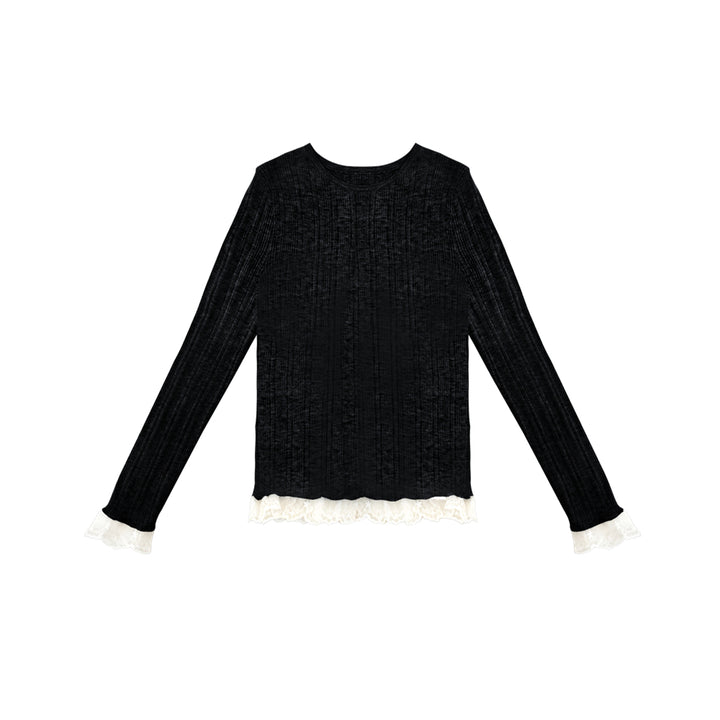 AsGony Blended Woolen Lace Edge Slim Knit Top Black