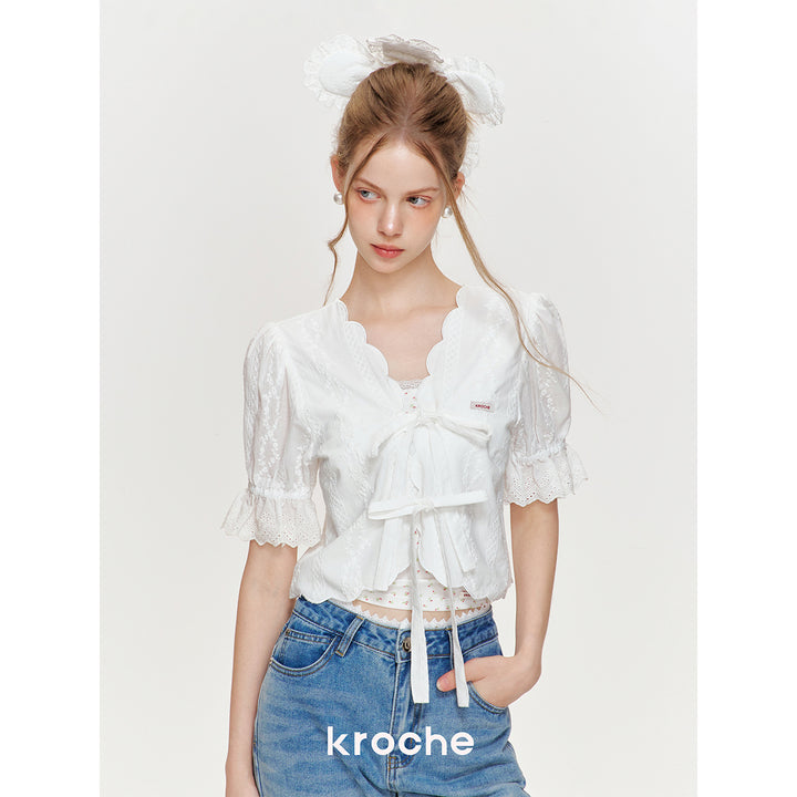 Kroche Lace Bow Lace Up Shirt Top White