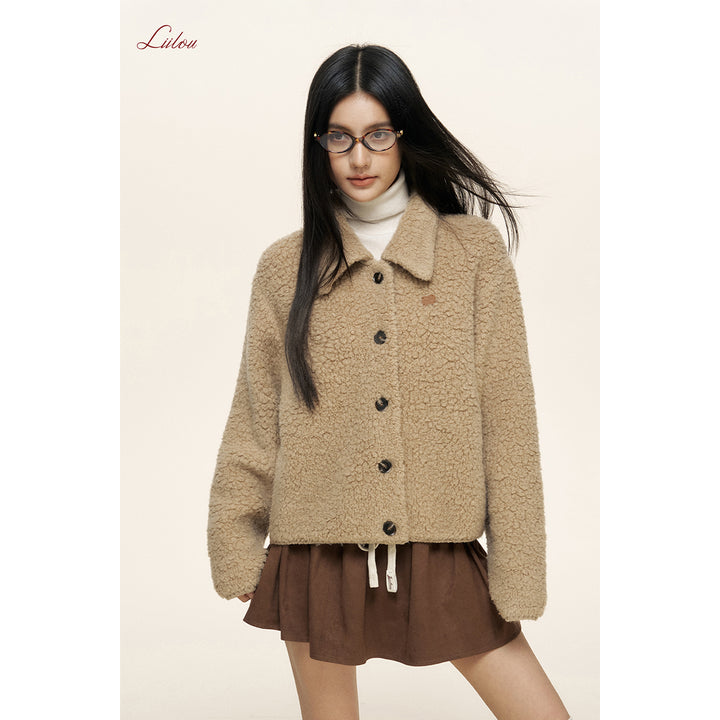 Liilou Loop Woolen Lapel Fleece Cardigan Khaki