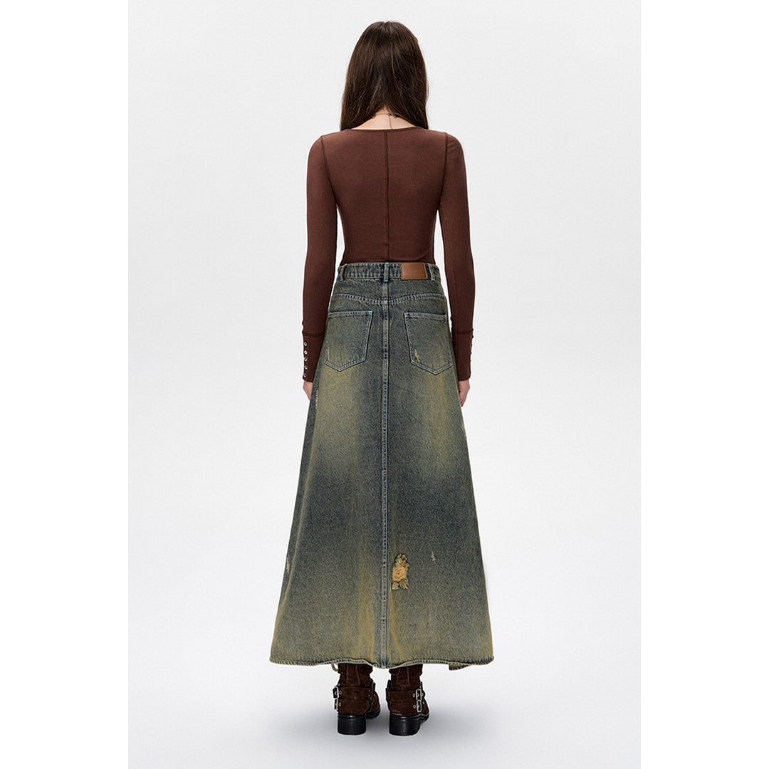 13De Marzo Bear Split Deconstruct Denim Long Skirt