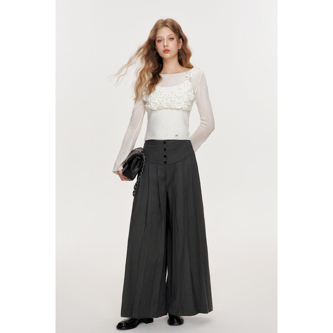 Kroche Lace Edge Pleated Suit Pants Dark Grey