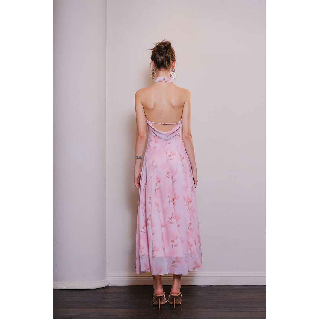 Diana Vevina Stringy Selvedge Printed Halter Long Dress