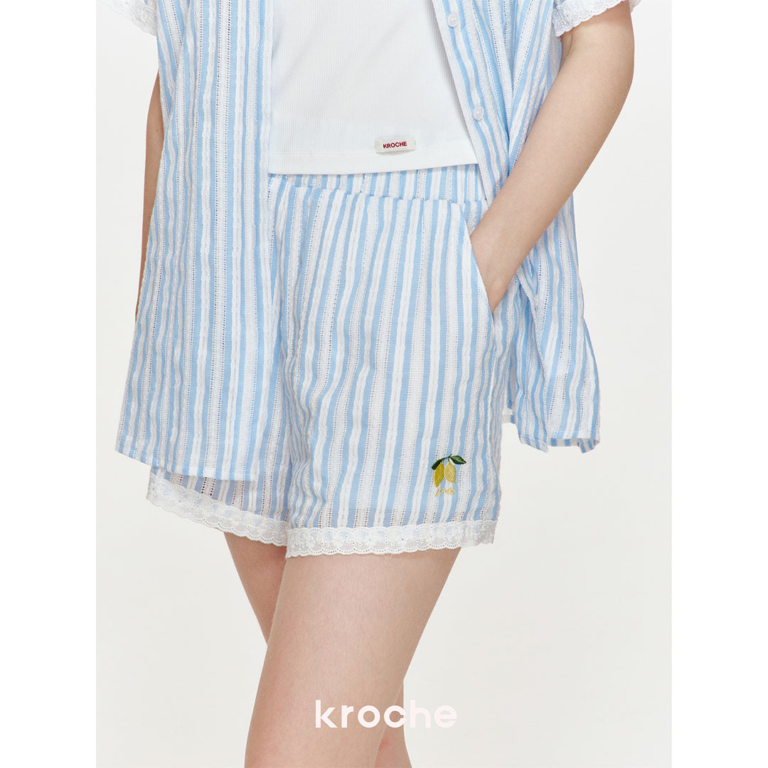 Kroche Lace Edge Striped Embroidery Shorts Blue