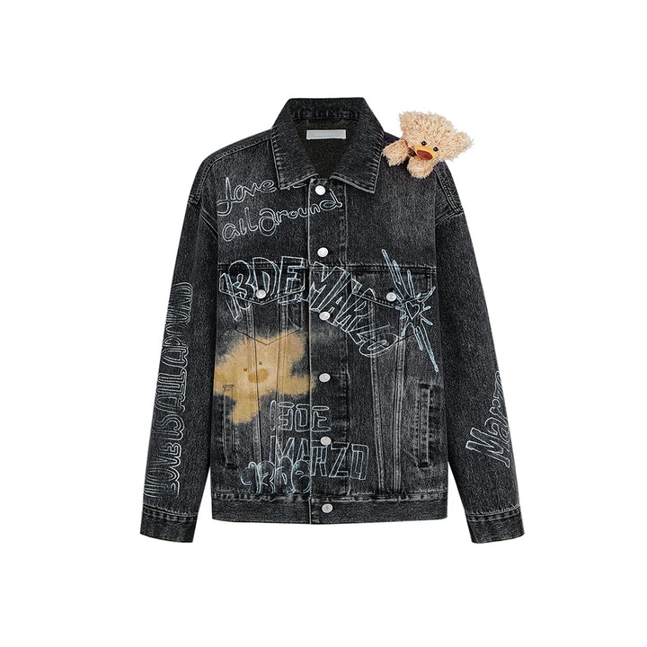 13De Marzo Full Graffiti Retro Washed Denim Jacket Black